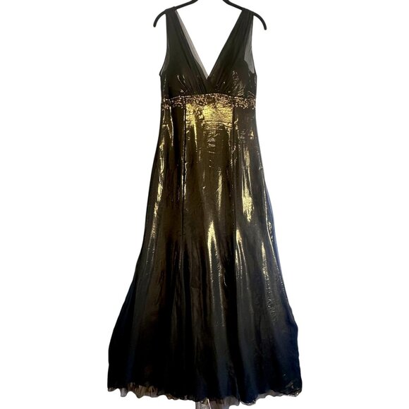 Rickie Freeman Teri Jon Black Chiffon Gold Metallic Silk Evening Dress Sz 8 Vtg - Picture 2 of 13